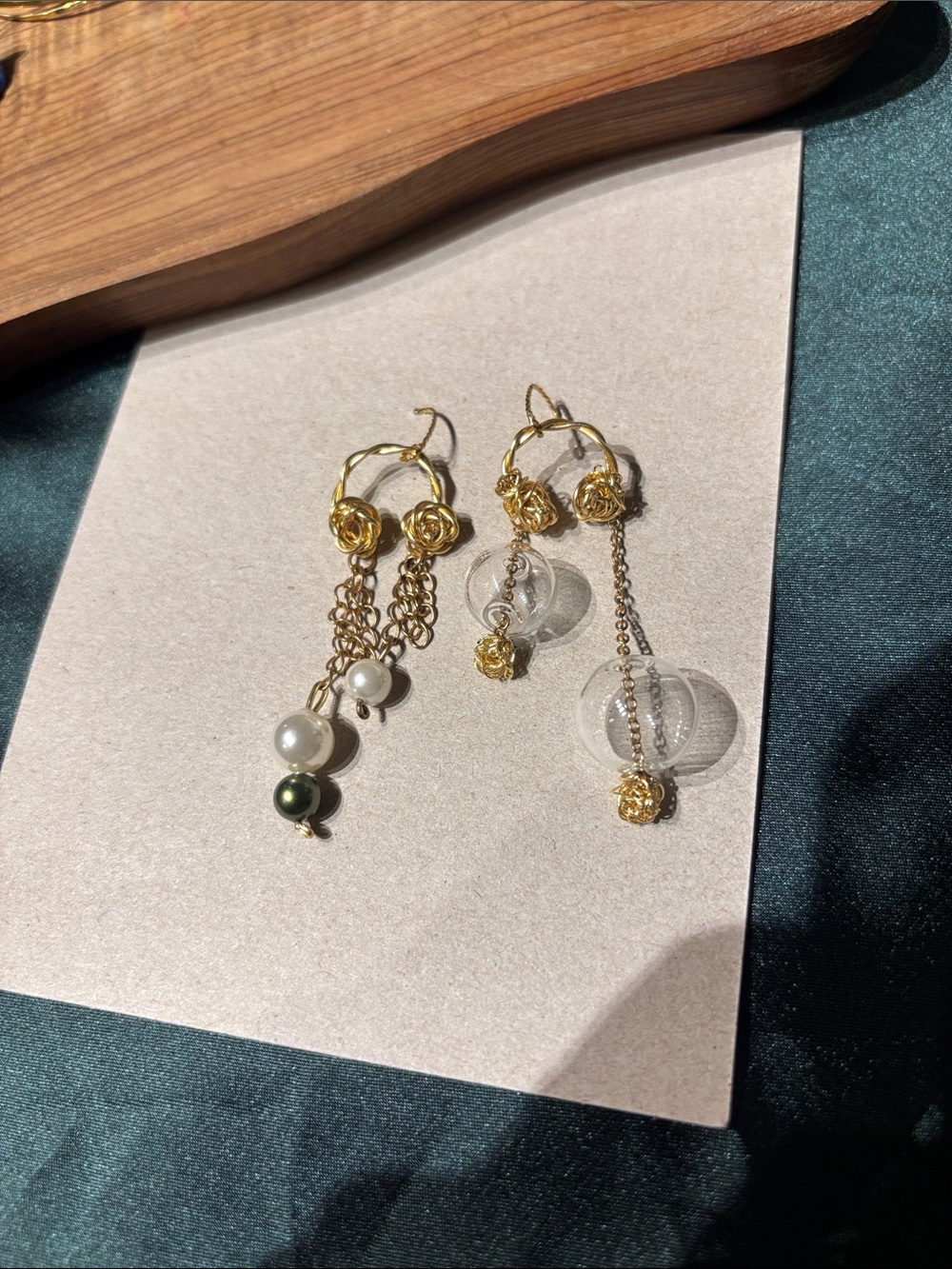 Handmade Gold Rose Drop Pearl & Glass Bead Earrings
